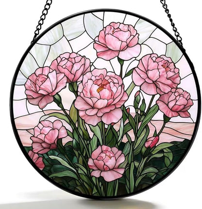Stained Glass Window Hanging - Blooming Pink Peonies 6.3 Inches Suncatcher for Garden Home Decor for Women Mon Grandma Friends
