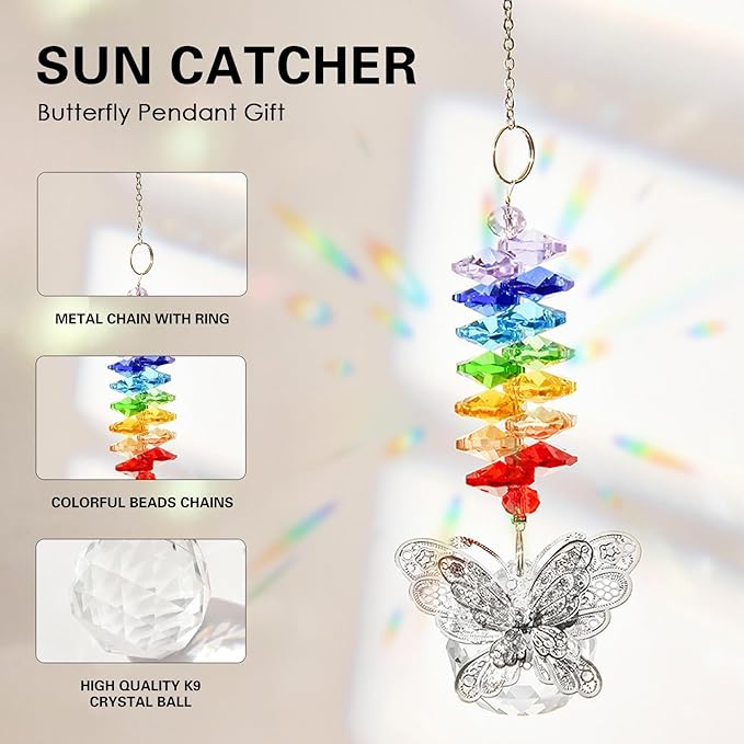 Crystal Sun Catchers Indoor Window Colorful & Clear Butterfly Faceted Wind Chime with Rainbow Refractions(Multi-Colored)