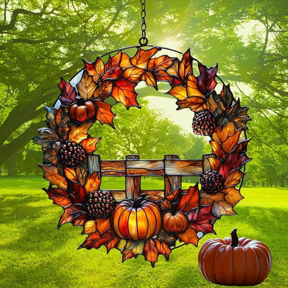 Fall Floral Wreath Acrylic Suncatcher Stained Glass Effect Window Car Hanging Christmas Ornament Indoor Outdoor Decor Garden Sun Catcher Panel for Acrylic Suncatcher Lover for Women Mom Grandma