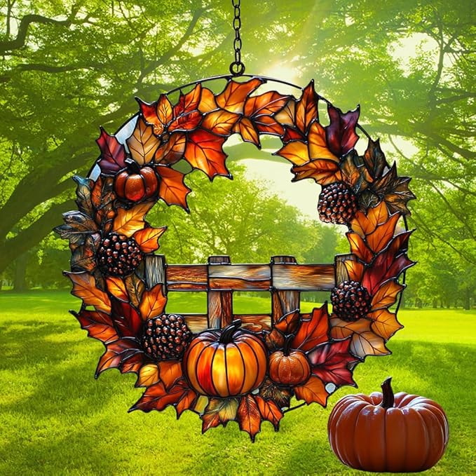 Fall Floral Wreath Acrylic Suncatcher Stained Glass Effect Window Car Hanging Christmas Ornament Indoor Outdoor Decor Garden Sun Catcher Panel for Acrylic Suncatcher Lover for Women Mom Grandma