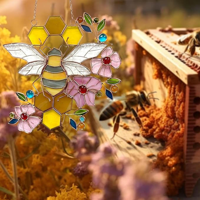 Honeybee with Flowers Ornaments Bee Handmade Stained Glass Window Hanging Suncatcher for Indoor/Outdoor Window Garden Home Kitchen Decor Gift for Women Teacher Bee Lover