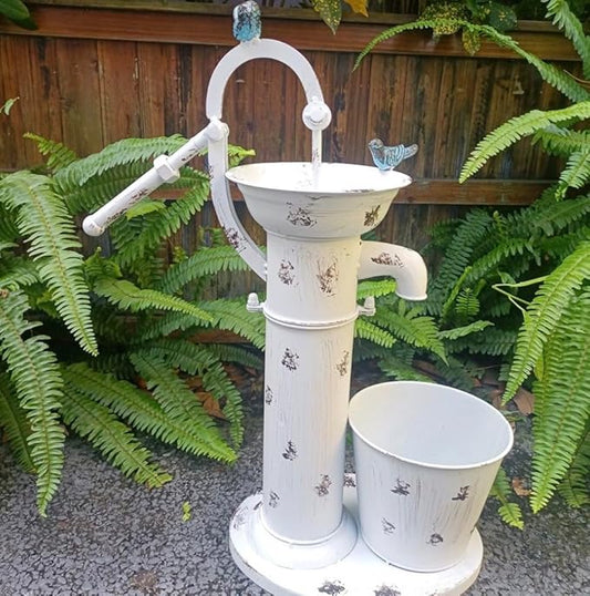 Vintage Garden Water Pump Decor, Rustic Wrought Iron Bird Bath, Red, Blue, White, Rust, Outdoor Yard Decor, Height 22 Inches (White)