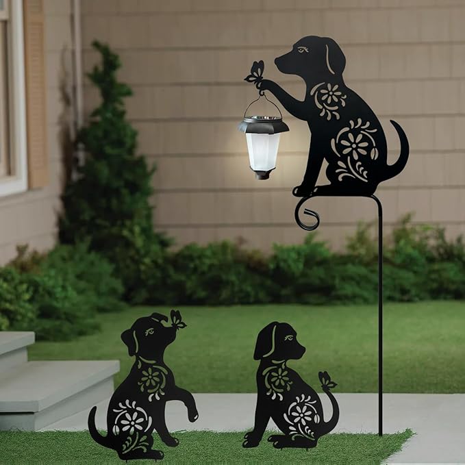 Dog Holding Solar Lantern Garden Stakes Outdoor Metal Dog Stakes Decorative Garden Stakes Suitable for Yard and Lawns(Dogs Decor Garden Stake)