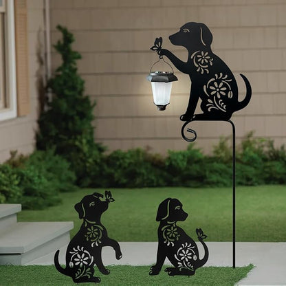 Dog Holding Solar Lantern Garden Stakes Outdoor Metal Dog Stakes Decorative Garden Stakes Suitable for Yard and Lawns(Dogs Decor Garden Stake)