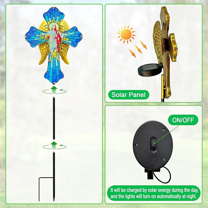 Solar Jesus Cross for Gemetery Graver,Golden Angel Wings,Grave Decorations for Cemetery,Sympathy Memorial Gifts,Christmas Yard Decor Outdoor
