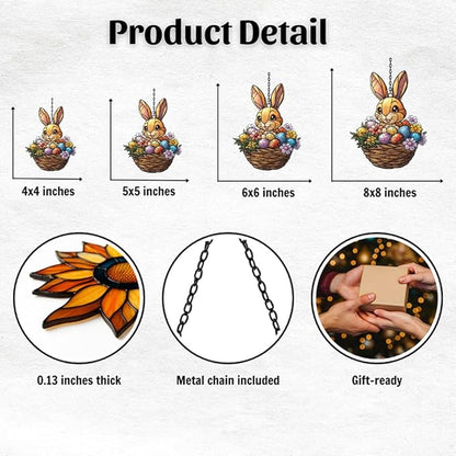 Warm Mosaic Bunny Easter Basket Acrylic Suncatcher Stained Glass Effect Window Car Hanging Christmas Ornament Indoor Outdoor Decor Garden Sun Catcher Panel for Easter Lover for Women Mom Grandma