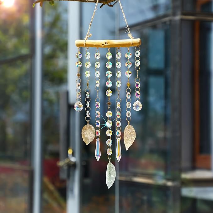 Crystal Suncatchers Window Crystals Hanging Suncatcher Colorful Glass Beads Chain Wind Chimes for Garden Outdoor Pendant Home Decor Gifts (Leaf)