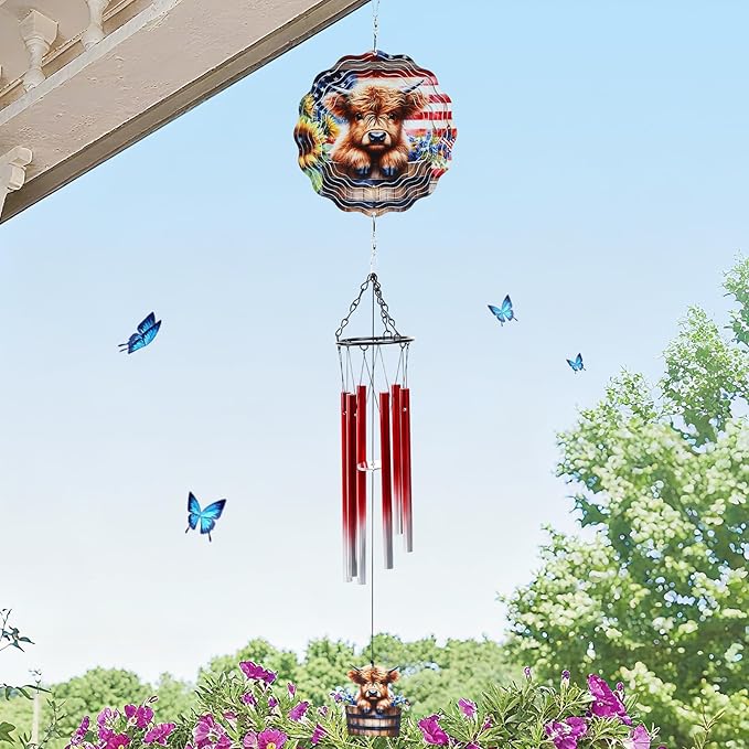 Highland Cow Wind Spinner Chimes Outdoor - Hanging Garden Decor Metal Wind Chimes for Patio, Yard, Backyard - Birthday Housewarming Gifts for Women/Mom/Grandma