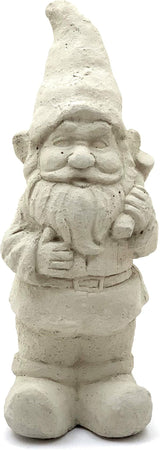 Garden Gnome with Mallet: Solid Durable Stone Statue with Vintage Texture. Sealed for Outdoors. Handcrafted USA. (Classic/White)