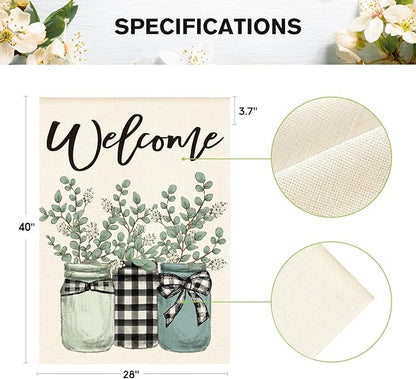 AVOIN colorlife Eucalyptus Mason Jar Spring Summer House Flag 28x40 Inch Double Sided Outside, Buffalo Plaid Welcome Yard Outdoor Flag
