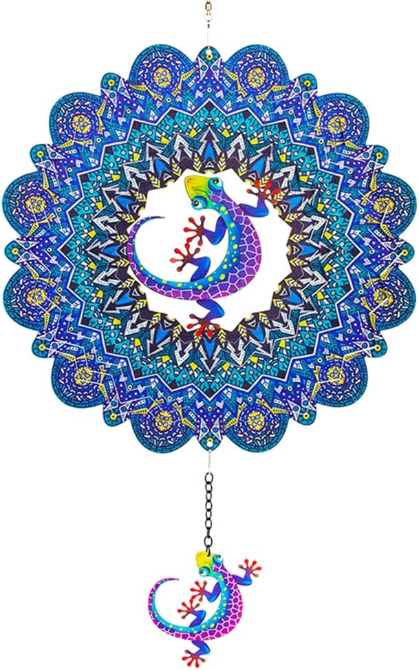 DREAMYSOUL Metal 12" Wind Spinner, Gecko Hanging Wind Spinner for Yard and Garden 3D Kinetic Wind Sculpture Indoor Outdoor Patio Decoration