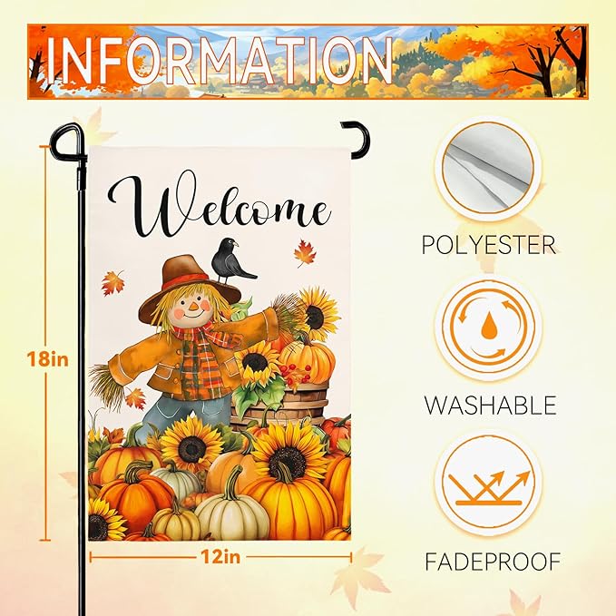 Fall Scarecrow Garden Flag Welcome Pumpkin Yard Flag Auttumn Suflower Bird Maple Leaves Garden Flags Thanksgiving Seasonal Farmhouse Rustic House Banner for Outside Patio Decor 12 x 18 Inch