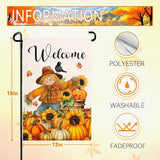 Fall Scarecrow Garden Flag Welcome Pumpkin Yard Flag Auttumn Suflower Bird Maple Leaves Garden Flags Thanksgiving Seasonal Farmhouse Rustic House Banner for Outside Patio Decor 12 x 18 Inch