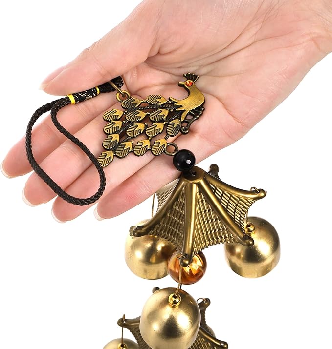 Eorbow 3 Packs Lucky Wind Chimes, Chinese Wind Bell, 6-Bell Vintage Hanging Bell Chimes with Gourd Dragon Peacock Coin for Good Luck Wealth Blessing, Home Garden Patio Decoration