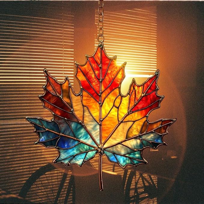 Rainbow Maple Leaf Acrylic Suncatcher Stained Glass Effect Window Car Hanging Christmas Ornament Indoor Outdoor Decor Garden Sun Catcher Panel for Maple Leaf Lover for Women Mom Grandma