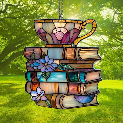 Floral Books and Tea Acrylic Suncatcher Stained Glass Effect Window Car Hanging Christmas Ornament Indoor Outdoor Decor Garden Sun Catcher Panel for Book Lover for Women Mom Grandma