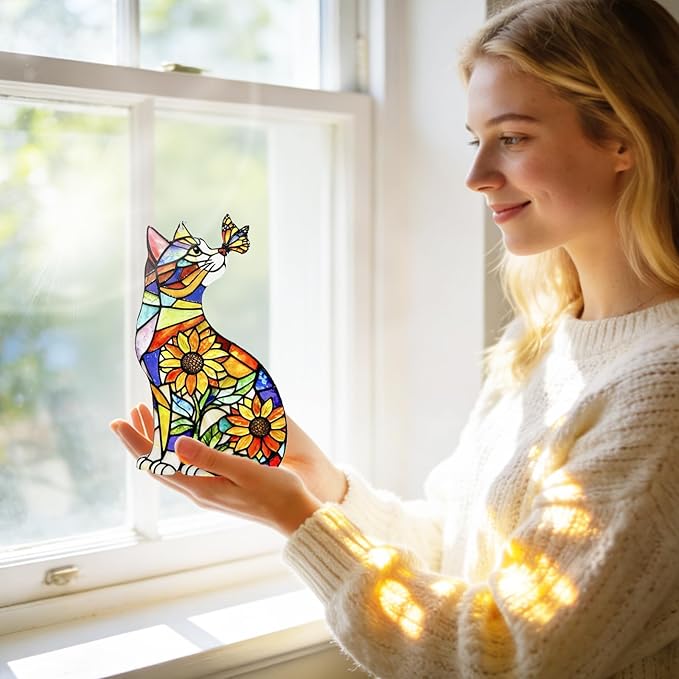Stained Glass Suncatchers for Windows, Hanging Sun Catchers Indoor Window, Cat Suncatcher for Home Decor, Garden, Patio(UV Printed)