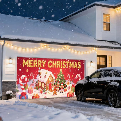 IVN Christmas Garage Door Cover Decoration 13x6ft Gingerbread House Christmas Tree Candy Path Merry Christmas Garage Door Banner Home Door Front Yard Decor for Xmas Eve Holiday Outdoor