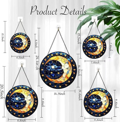Funoasis Stained Glass Window Hanging 6.3 Inches Suncatcher - A Corner of The Starry Sky and Yellow Pentagram Ornaments Sun Catcher Home Decor Women Birthday