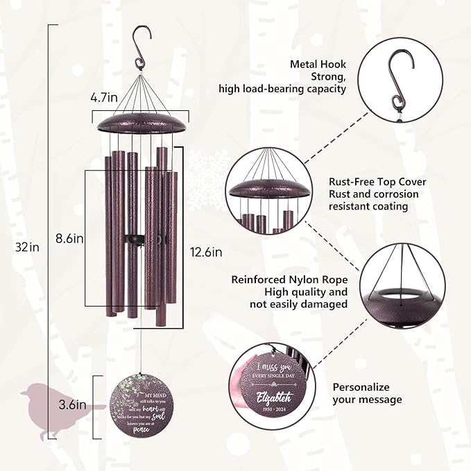 ASTARIN Sympathy Gifts for Loss of Lover, 32 inch Memorial Wind Chimes Personalized Outside, Windchimes in Memory of a Loved One, Bereavement Gifts for Loss of Child, Produced in USA