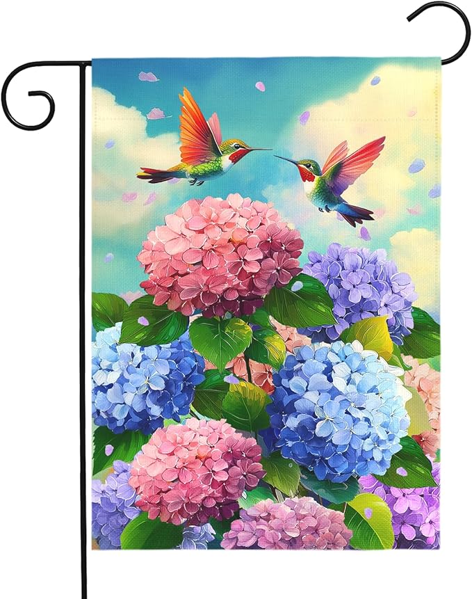 Spring Hummingbird Hydrangea Garden Flag Summer Floral Bird Outdoor Yard Flags Double Sided Flower House Banner Colorful Bloom Patio Lawn Porch Yard Seasonal Nature Home Decor 12x18 Inch