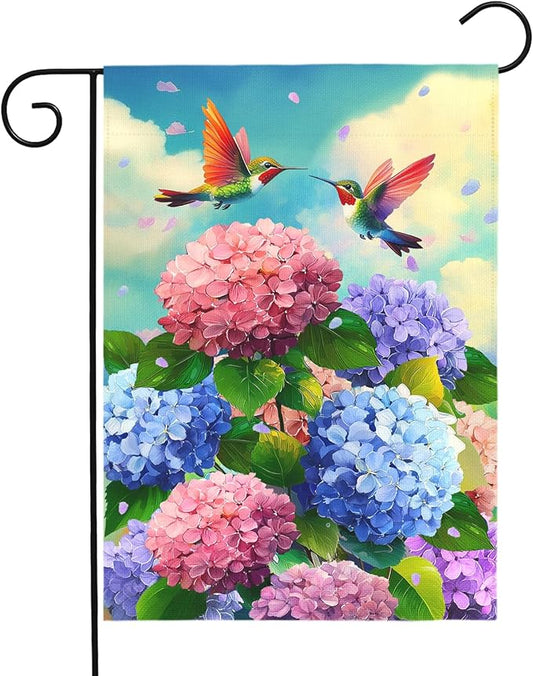Spring Hummingbird Hydrangea Garden Flag Summer Floral Bird Outdoor Yard Flags Double Sided Flower House Banner Colorful Bloom Patio Lawn Porch Yard Seasonal Nature Home Decor 12x18 Inch