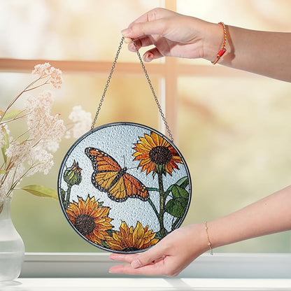 2 Stained Glass 7.8" Butterfly Sunflowers Stained Glass Suncatcher, Butterflies and Flowers Glass Art Window Hanging, Indoor Window Gift for Nature Floral Lovers Women Mom Friend, Painted Panel Décor