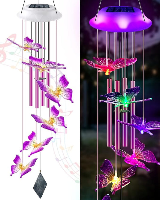 Lightalent Solar Butterfly Wind Chimes, Gifts for Mom Women, Glowing Top Changing Colors LED Wind Chime for Outside with 4 Iron Tubes, Outdoor Decor Mobile for Garden Yard (Purple)