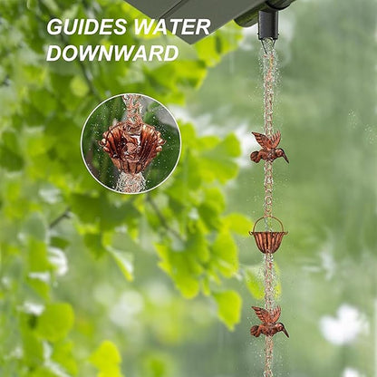 Rain Chains for Gutters, 7.87Ft Hummingbird and Cup Rain Chains for Gutters, Adjustable Rain Chimes for Outside Replacement Downspout for Gutters Eaves Drainage, Copper