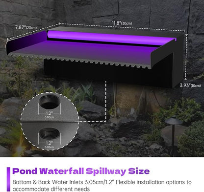Pamopamo Pool Waterfall Spillway Stainless Steel Pond Fountain, APP Control Colorful LED Lighted Outdoor Black Fountains, Water Flow Spillways Kit for Koi Pond, Swimming Pool, Garden-11.8"x7.8"x3.9"