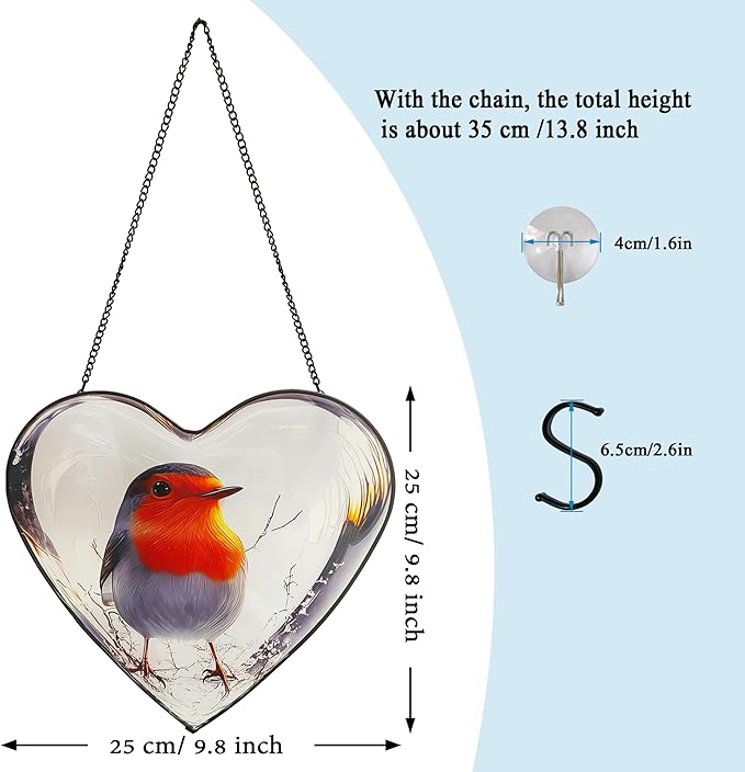 Heart Shaped Robin Bird Stained Glass Window Hanging, 9.8'' Sun Catcher Decor with Chain, Suncatchers Indoor Window Glass Gifts for Mom Wife Birds Lovers (Bird)