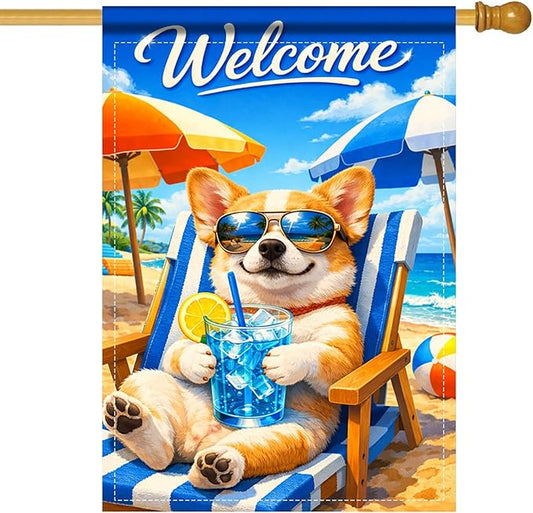 Nuxovilar Large Summer Garden Flag Welcome Dog Sunglasses Beach Chair Pattern Polyester 28 * 40 Inches Garden Flags for Outside Coastal Decor Yard Porch Patio