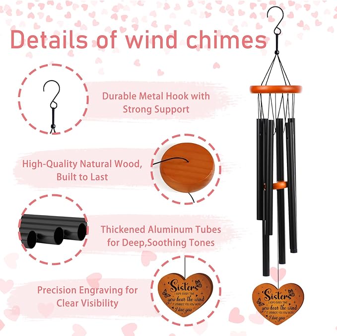 Sister Gifts Wind Chimes for Outside - Metal Windchime with Wooden Heart Pendant, Greeting Card & Black Gift Box - Birthday for Sister from Sister, Garden Patio Hanging Decor
