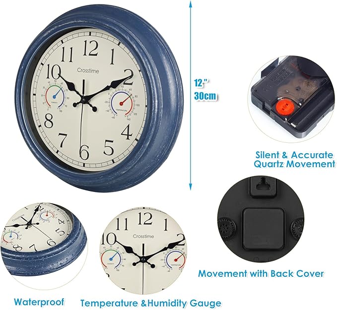 Crosstime 12 Inch Outdoor Clock with Thermometer & Hygrometer, Vintage Blue Wall Clock Waterproof, Easy to Read Decor for Patio,Garden, Pool, Backyard, Farmhouse, Bathroom