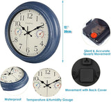 Crosstime 12 Inch Outdoor Clock with Thermometer & Hygrometer, Vintage Blue Wall Clock Waterproof, Easy to Read Decor for Patio,Garden, Pool, Backyard, Farmhouse, Bathroom