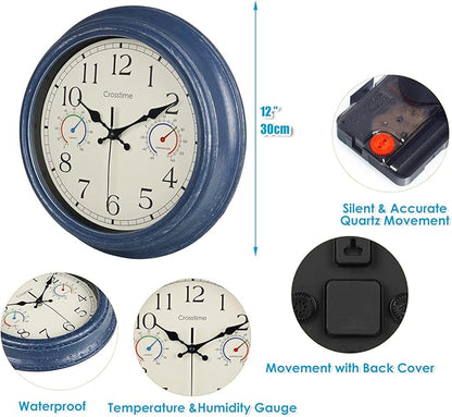 Crosstime 12 Inch Outdoor Clock with Thermometer & Hygrometer, Vintage Blue Wall Clock Waterproof, Easy to Read Decor for Patio,Garden, Pool, Backyard, Farmhouse, Bathroom