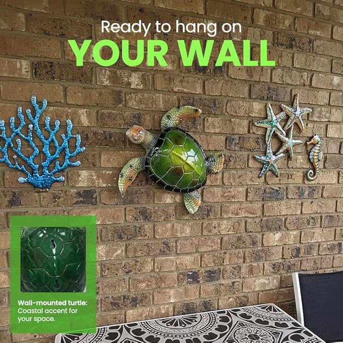 Resin Sea Turtle Decorative Statue - 16x15 Inch Tropical Wall and Garden Art -Ocean-Themed Décor for Home - Beach House - Coastal - Marine Enthusiasts (Green)