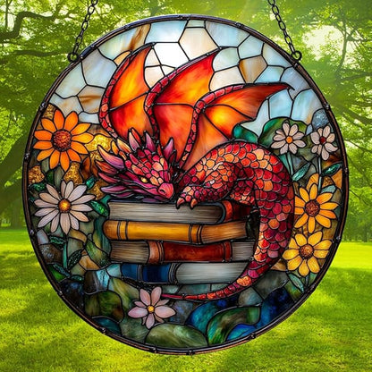Sleeping Dragon on Books Acrylic Suncatcher Stained Glass Effect Window Car Hanging Christmas Ornament Indoor Outdoor Decor Garden Sun Catcher Panel for Book Lover for Women Mom Grandma