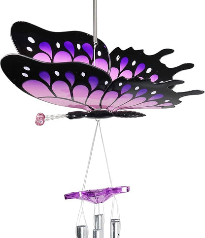 Exhart Wind Chimes, WindyWings Large Purple Butterfly Wind Chime with Fluttering Wings, Outdoor Plastic and Metal Lawn and Yard Decoration, 11 x 9.5 x 24 Inch