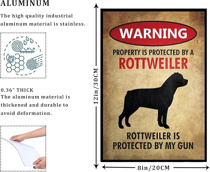 EMOHAT Warning Rottweiler Vintage Retro Metal Sign Wall Art Decor Aluminum Anti-Rust Warning Signs Outdoor Use Entryway Decor Plaque for Home Restaurant Businesses 8x12 Inches