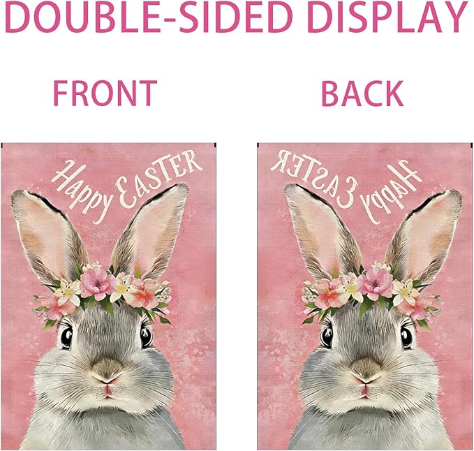 1Pcs Happy Easter Garden Flag, Cute Bunny Garden Flags 12x18 Double Sided, Flower Rabbit Vertical Flag, Spring Holiday Yard Flags, Pink Small Garden Flags for Outside Yard Lawn Easter Decorations