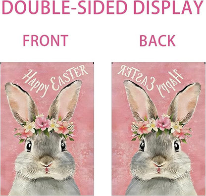 1Pcs Happy Easter Garden Flag, Cute Bunny Garden Flags 12x18 Double Sided, Flower Rabbit Vertical Flag, Spring Holiday Yard Flags, Pink Small Garden Flags for Outside Yard Lawn Easter Decorations