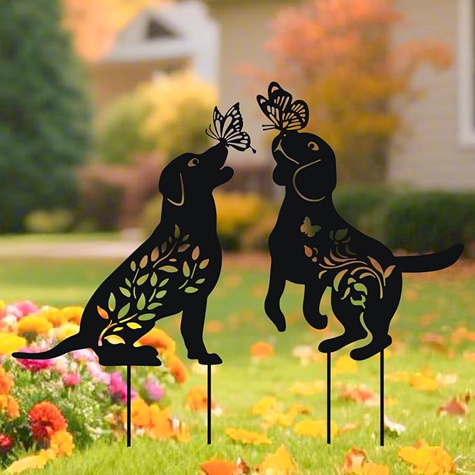 WONDER GARDEN Metal Dog Decor for Outside - 2 Pack Garden Stakes Decorative, Black Dog Silhouette Statues Lawn Ornaments Yard Patio Decor Women Men Mom Gifts