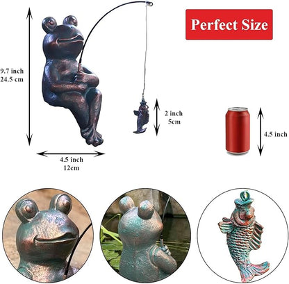 Antique Copper Fishing Frog Statue - Outdoor Garden Statue & Koi Pond Decor