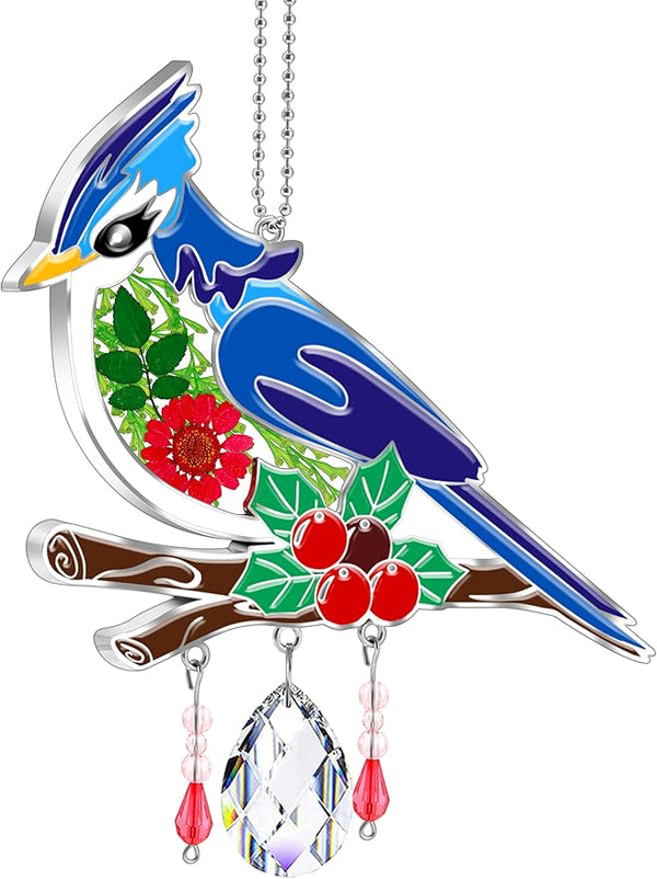 KY&BOSAM Blue Bird Crystal Suncatcher for Windows 8" Hanging Ornaments Stained Glass Wind Chimes with Metal Charms, Colorful Rainbow Prisms Garden Decor for Mom/Grandma, Christmas Wedding Gifts