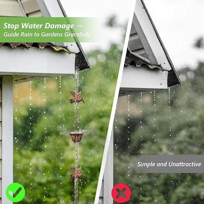 8.8ft Copper Rain Chains for Gutters Outside - Adjustable Steel Hanging Rain Hutter Decorative Rain Catcher with 6 Metal Cups,8 Hummingbird Ornaments for Garden Eaves Drainage