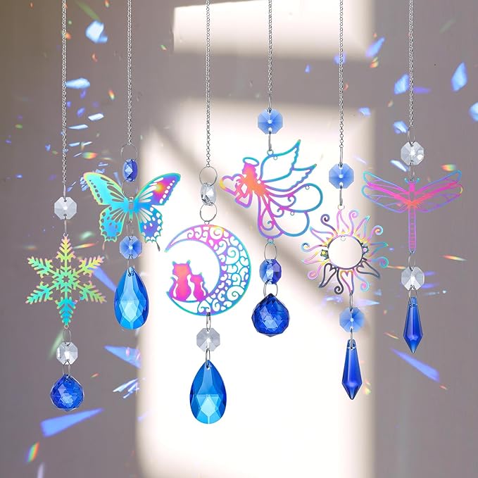 6Pieces Blue Crystals Suncatchers Hanging Sun Catcher with Chain Pendant Ornament Crystal Prisms for Window Home Decoration