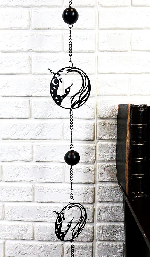 Ebros Gift Sacred Unicorn Horse with Moon and Stars Silhouette in Filigree Frame Black Coated Steel Metal Wall Hanging Wind Chime with Beads Home and Patio Decor Mobile Noisemaker