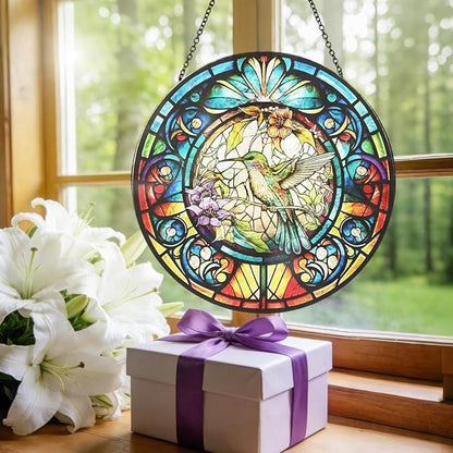 Hummingbird Stained Glass Suncatcher - Colorful Bird Sun Catcher Indoor Wall Decor Glass Panel Floral Window Hanging Ornament Gift for Mom, Grandma, Bird Lovers (8 inch)