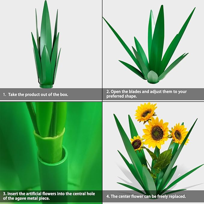 DDQ Metal Agave Plant Outdoor Decor with Artificial Flowers, Mexican Style Garden Sculpture, Waterproof Yard Art for Patio Lawn, Multiple Flower Options (Green Agave + Sunflower/Red/Yellow/Purple)